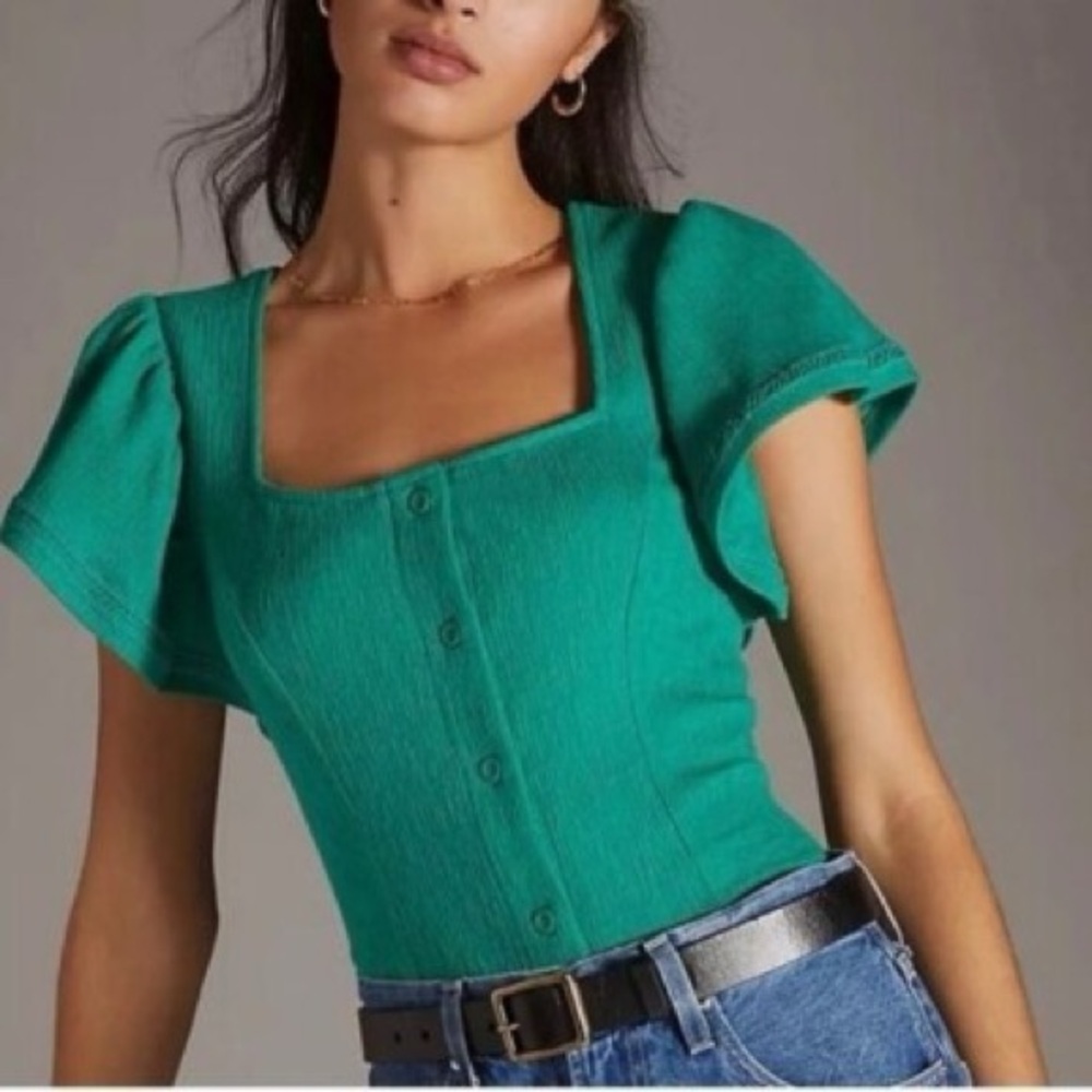 Anthropologie Teal Square-Neck Puff Sleeve Top